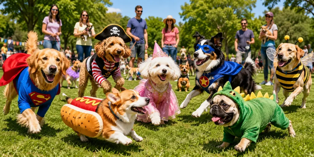 Happy dogs of various breeds wearing colorful costumes, including a superhero, pirate, princess, and hot dog outfit, playing together in a sunny park in Quincy, Illinois.