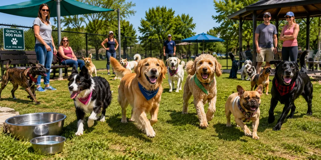 Several happy dogs of different breeds wearing colorful bandanas play together in a fenced dog park in Quincy, Illinois, with owners watching nearby, shaded seating, and water bowls available.